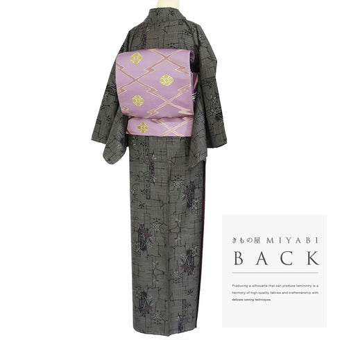 紬 リサイクル 身丈156.2cm 裄65.2cm 袷 草花柄 ブラウン Mサイズ お洒落 カジュアル しつけ糸 正絹 広衿 Sランク