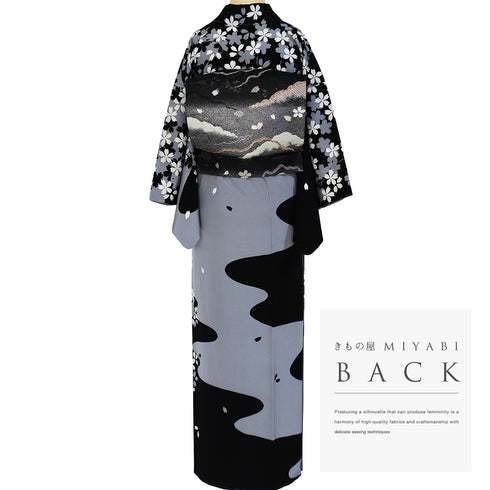 訪問着 リサイクル 身丈152.8cm 裄62.8cm 袷 桜柄 ブラック Sサイズ セミフォーマル お洒落 落款 しつけ糸 正絹 広衿 Sランク