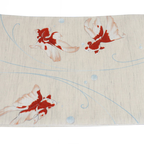京袋帯 リサイクル 帯丈386cm ポイント柄 猫と金魚柄 WAKKA 夏物 ベージュ Lサイズ 麻 新品・未使用品 お洒落 カジュアル