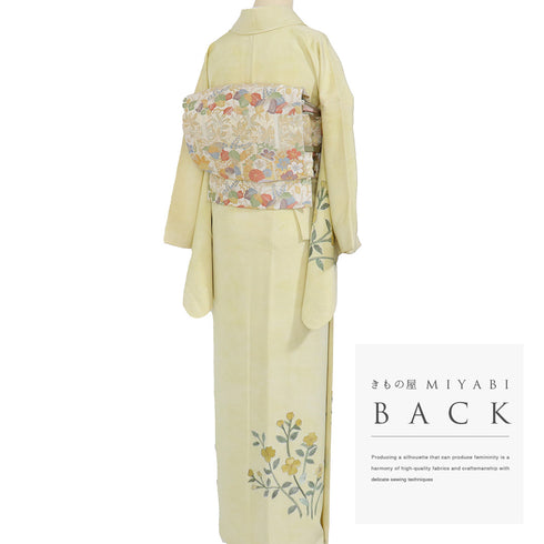 訪問着 リサイクル 身丈164.5cm 裄66.4cm 袷 花柄 箔 イエロー Lサイズ セミフォーマル 正絹 広衿 Aランク