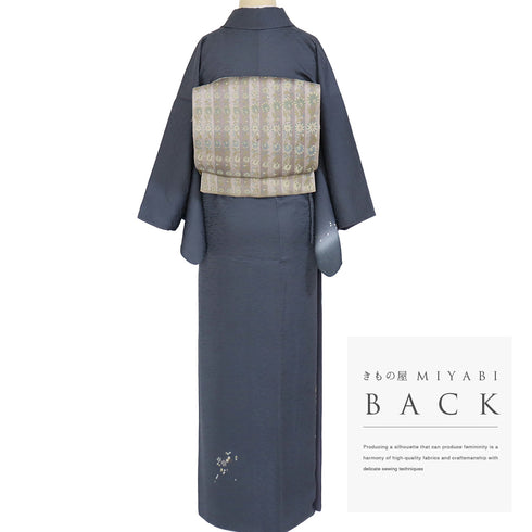 付下げ リサイクル 身丈153.2cm 裄62.8cm 袷 雪輪に宝尽くし柄 枝垂れ桜柄 金駒刺繍 ネイビー Sサイズ セミフォーマル お洒落 正絹 広衿 Aランク