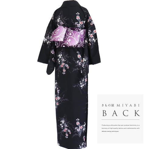 小紋 リサイクル 身丈165.8cm 裄67.5cm 袷 草花柄 既製品 ブラック LLサイズ お洒落 カジュアル ポリエステル 洗える着物 広衿 新品・未使用品