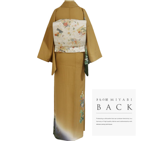 訪問着 リサイクル 身丈160cm 裄64.4cm 袷 雪輪模様 鶴柄 花柄 箔加工 イエロー Mサイズ セミフォーマル お洒落 正絹 広衿 Aランク