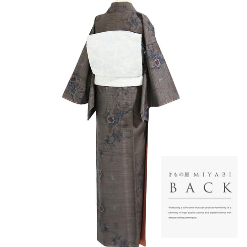 紬 リサイクル 身丈167cm 裄66.2cm 袷 花に枝模様 ブラウン LLサイズ お洒落 カジュアル しつけ糸 正絹 広衿 Sランク