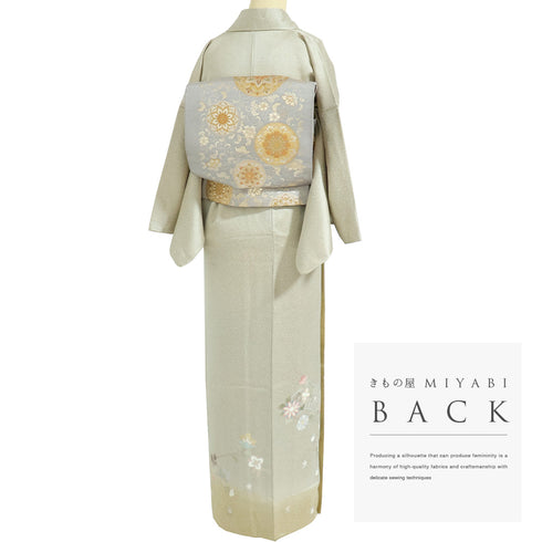 訪問着 リサイクル 身丈159.8cm 裄64.4cm 袷 地紙 草花柄 蝶柄 彩色 汕頭刺繍 ベージュ Mサイズ セミフォーマル お洒落 正絹 広衿 Aランク