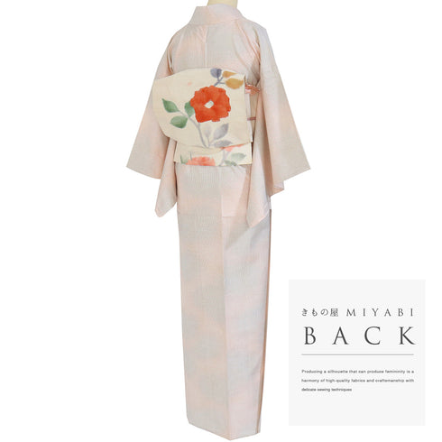 紬 リサイクル 身丈160.7cm 裄62.4cm 単衣 ぼかし柄 ピンク Lサイズ カジュアル お洒落 しつけ糸 正絹 バチ衿 Sランク