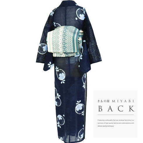 浴衣 リサイクル 夏着物 身丈162.7cm 裄67cm 絽 夢工房 桜柄 ミシン仕立て ネイビー Lサイズ カジュアル 木綿 洗える着物 バチ衿 Aランク
