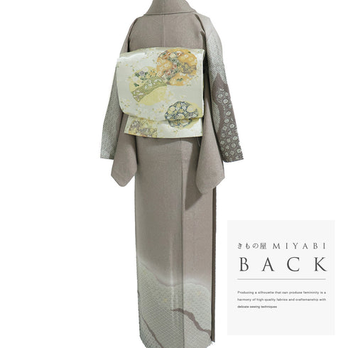 訪問着 リサイクル 身丈164cm 裄66.4cm 袷 吉祥文 菱文 地紋 箔 千地泰弘 ブラウン Lサイズ セミフォーマル お洒落 正絹 広衿 Sランク