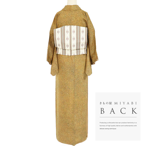 小紋 リサイクル 身丈161.7cm 裄62.4cm 袷 氷割れ柄 たたき イエロー Lサイズ お洒落 カジュアル 正絹 広衿 Aランク