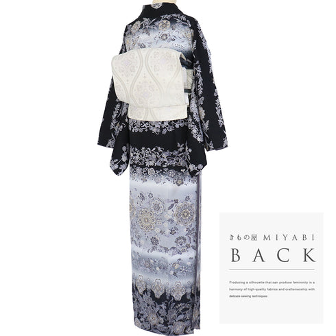 訪問着 リサイクル 身丈165cm 裄68cm 袷 華紋柄 更紗柄 汕頭刺繍 ブラック Lサイズ お洒落 正絹 広衿 Aランク