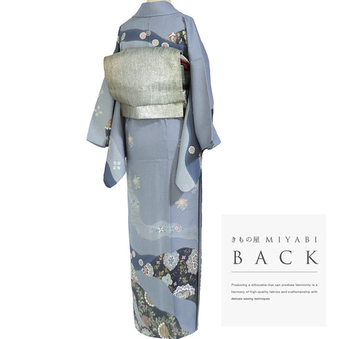 訪問着 リサイクル 身丈160.5cm 裄64.8cm 袷 華紋や花唐草柄 金駒刺繍 グレー Lサイズ フォーマル 一つ紋 正絹 広衿 Sランク