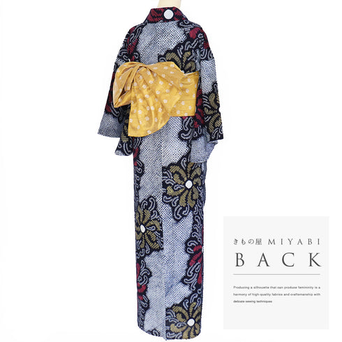 浴衣 リサイクル 夏着物 身丈147.5cm 裄63cm 夏物 絞り 花柄 ネイビー SSサイズ カジュアル 木綿 洗える着物 バチ衿 Aランク