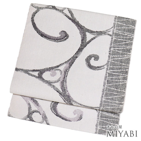 名古屋帯 リサイクル 帯丈356.5cm 六通 流水柄 紬 アイボリー Sサイズ 正絹 新品・未使用品 お洒落 カジュアル