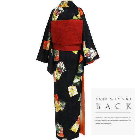 小紋 リサイクル 身丈157.2cm 裄65.8cm 袷 色紙 箔 ブラック Mサイズ お洒落 正絹 広衿 Sランク