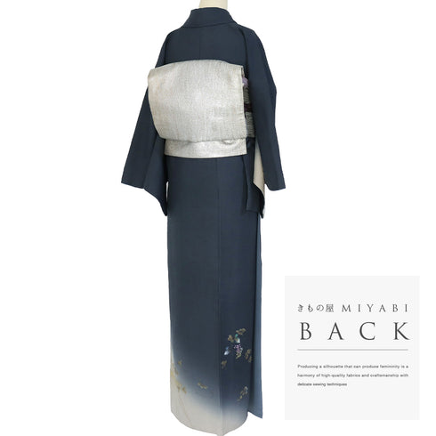 付下げ リサイクル 身丈167.7cm 裄66.4cm 袷 蔦柄 箔加工 ミシン仕立て 胴裏化繊 地紋 ネイビー LLサイズ お洒落 正絹 広衿 Sランク