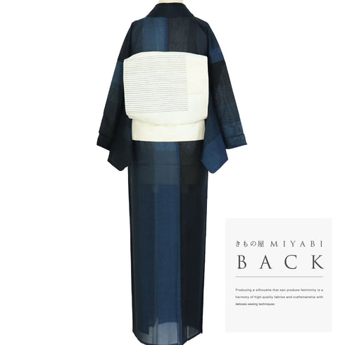 紬 リサイクル 夏着物 身丈155.5cm 裄65.2cm 夏物 夏物 絣寄せ柄に縞模様 ネイビー Mサイズ カジュアル お洒落 混合 洗える着物 広衿 Sランク