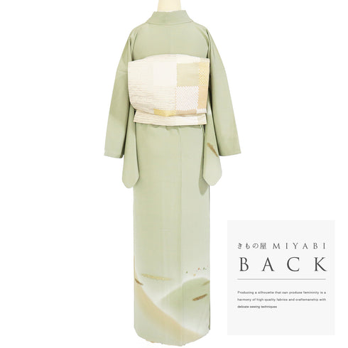 訪問着 リサイクル 身丈157.7cm 裄67.8cm 袷 山に霞模様 刺繍 箔 グリーン Mサイズ お洒落 セミフォーマル 正絹 広衿 Aランク