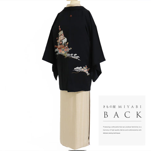 黒羽織 リサイクル 身丈81cm 裄65.2cm 袷 黒絵羽 帆船柄 相良刺繍 汕頭刺繍 ブラック Mサイズ フォーマル 一つ紋 正絹 Sランク