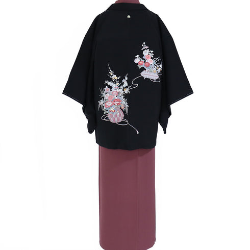 黒羽織 リサイクル 身丈78.3cm 裄64cm 袷 花籠柄 箔 ブラック Sサイズ フォーマル セミフォーマル 一つ紋 しつけ糸 正絹 Sランク