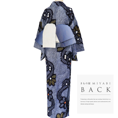 浴衣 リサイクル 夏着物 身丈154.5cm 裄64.4cm 夏物 絞り 流水に菊柄 ネイビー Sサイズ カジュアル 木綿 洗える着物 バチ衿 Sランク