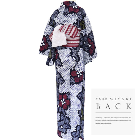 浴衣 リサイクル 夏着物 身丈158cm 裄65cm 夏物 絞り 花柄 ネイビー Mサイズ カジュアル 木綿 洗える着物 バチ衿 Aランク