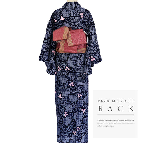 浴衣 リサイクル 夏着物 身丈145cm 裄60.8cm 夏物 ジュニアサイズ 絞り 紅葉模様 ネイビー SSサイズ カジュアル 木綿 洗える着物 バチ衿 Sランク