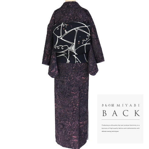 小紋 リサイクル 身丈156.2cm 裄62.6cm 袷 唐草模様 輝宝織 パープル Mサイズ お洒落 カジュアル 正絹 広衿 Sランク