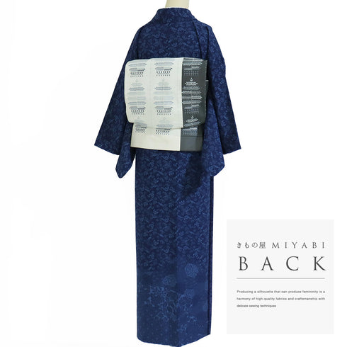 訪問着 リサイクル 身丈156.2cm 裄64.4cm 袷 竹に雀や花模様 ネイビー Mサイズ お洒落 正絹 広衿 Aランク