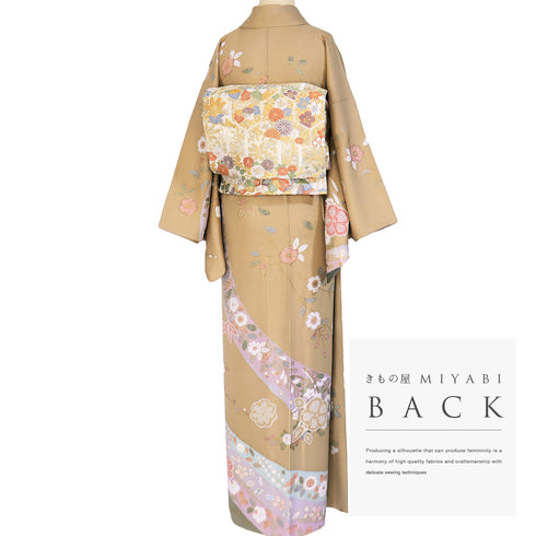 訪問着 リサイクル 身丈161.8cm 裄66.4cm 袷 梅竹 箔 ブラウン Lサイズ セミフォーマル お洒落 正絹 広衿 Sランク