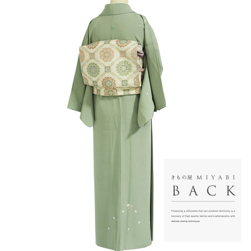 訪問着 リサイクル 身丈150.5cm 裄62.4cm 袷 小花柄 グリーン Sサイズ セミフォーマル お洒落 一つ紋 正絹 広衿 Aランク