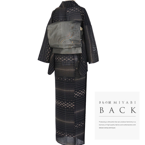 小紋 リサイクル 夏着物 身丈162.5cm 裄66.8cm 夏物 デザイン菱柄 ブラック Lサイズ カジュアル しつけ糸 不明 広衿 Sランク