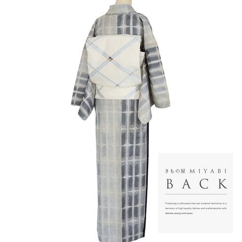 紬 リサイクル 身丈163cm 裄68.4cm 袷 デザイン格子模様 グレー Lサイズ カジュアル お洒落 正絹 広衿 Sランク