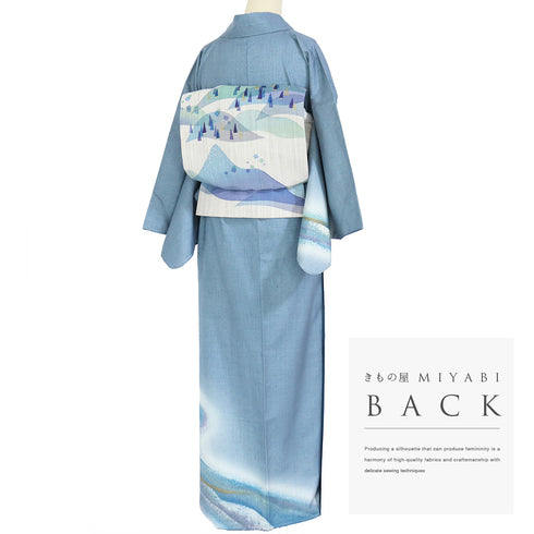 付下げ リサイクル 身丈156cm 裄65cm 袷 紬 流水柄 ゆったりサイズ ブルー Mサイズ お洒落 落款 しつけ糸 正絹 広衿 Sランク