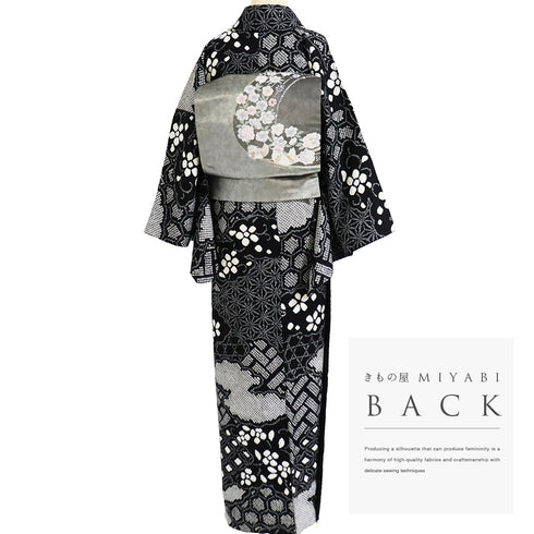 小紋 リサイクル 身丈159.8cm 裄66.8cm 袷 絞り 雲取りに花など 麻の葉 亀甲 ブラック Mサイズ お洒落 正絹 広衿 Sランク