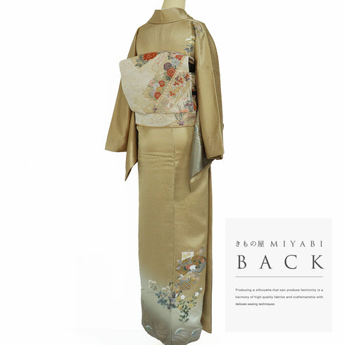 訪問着 リサイクル 身丈167.3cm 裄68.2cm 袷 地紋 金彩秋草模様 刺繍 ブラウン LLサイズ セミフォーマル 正絹 広衿 Sランク