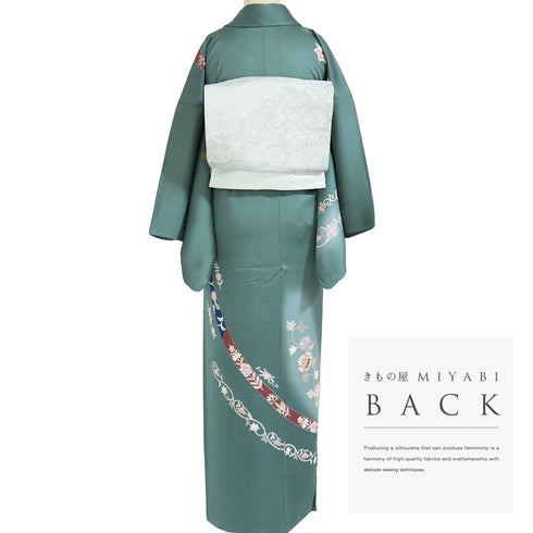 訪問着 リサイクル 身丈155cm 裄65.2cm 袷 花唐草柄 金駒刺繍 箔 グリーン Sサイズ セミフォーマル お洒落 正絹 広衿 Bランク