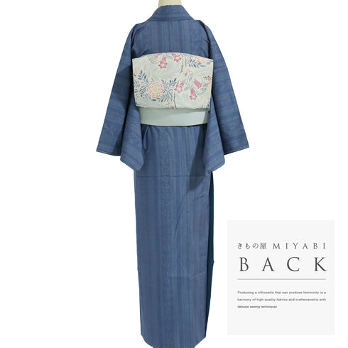 結城紬 リサイクル 身丈163.5cm 裄66.4cm 袷 デザイン縦縞模様 ブルー Lサイズ お洒落 カジュアル 証紙 しつけ糸 正絹 広衿 Sランク