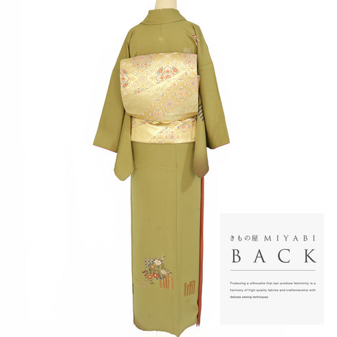 付下げ リサイクル 身丈158cm 裄65.6cm 袷 源氏香に花枝柄 箔 地紋 グリーン Mサイズ セミフォーマル お洒落 一つ紋 正絹 広衿 Aランク