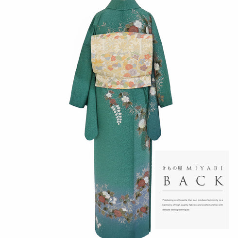 訪問着 リサイクル 身丈155.4cm 裄64.6cm 袷 辻ヶ花風柄 箔 グリーン Sサイズ セミフォーマル お洒落 正絹 広衿 Sランク