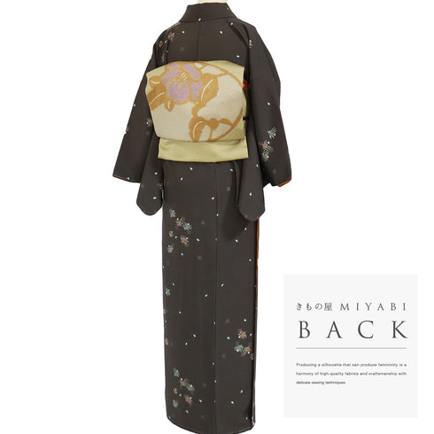 小紋 リサイクル 身丈157.2cm 裄64.4cm 袷 若松や花びら柄 ブラウン Mサイズ お洒落 カジュアル 正絹 広衿 Sランク