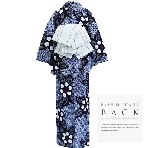 浴衣 リサイクル 夏着物 身丈155.8cm 裄64.4cm 夏物 絞り 花柄 ネイビー Mサイズ カジュアル 木綿 洗える着物 バチ衿 Sランク
