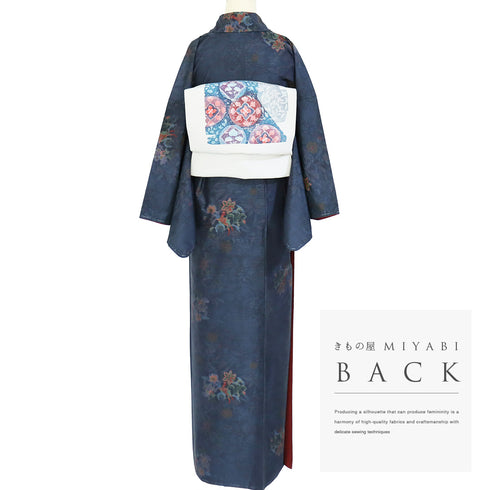 大島紬 リサイクル 身丈164.7cm 裄67.6cm 袷 草花柄 藤絹織物 ネイビー Lサイズ お洒落 カジュアル しつけ糸 正絹 広衿 Sランク