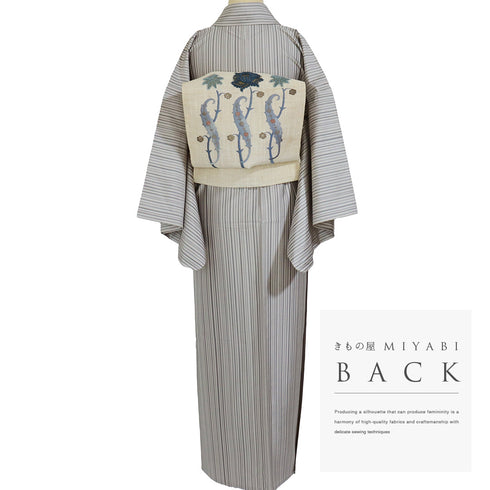 紬 リサイクル 身丈158.5cm 裄65.8cm 単衣 縞模様 グレー Mサイズ カジュアル 正絹 広衿 Aランク