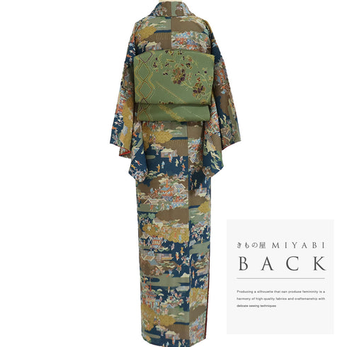 小紋 リサイクル 身丈163cm 裄64.4cm 袷 風景模様 ネイビー Lサイズ お洒落 カジュアル ポリエステル 洗える着物 広衿 Sランク