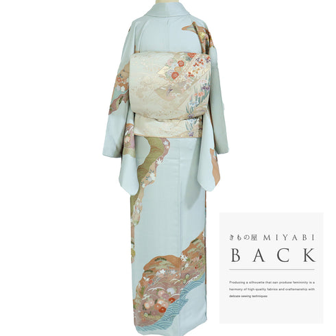 訪問着 リサイクル 身丈159.2cm 裄68.4cm 袷 牡丹に花丸柄 金駒刺繍 箔 ブルー Mサイズ セミフォーマル 正絹 広衿 Aランク