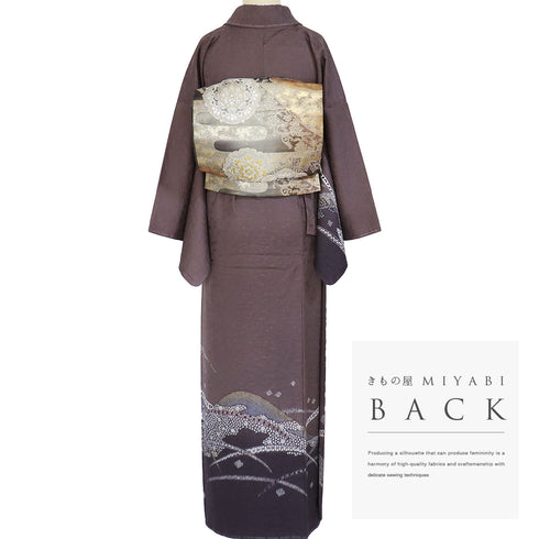 訪問着 リサイクル 身丈157.7cm 裄65.2cm 袷 地紋 名霜鳥忍 ゆったりサイズ パープル Mサイズ お洒落 しつけ糸 正絹 広衿 Sランク