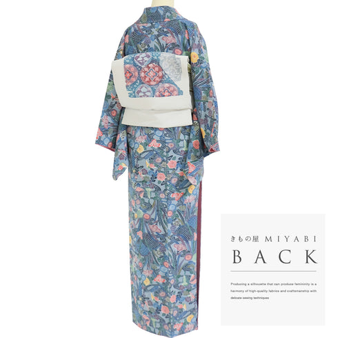 小紋 リサイクル 身丈155.8cm 裄62cm 袷 花や鳥柄 ブルー Mサイズ お洒落 正絹 広衿 Sランク