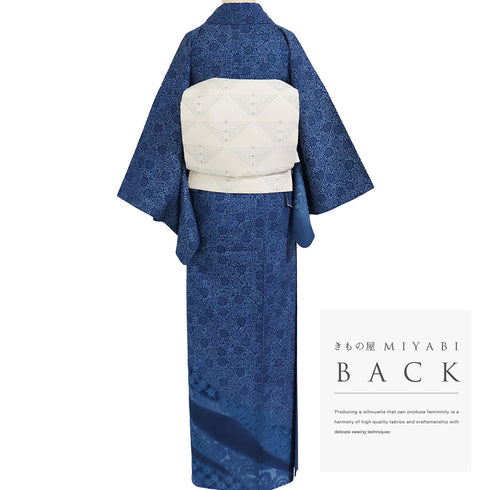 訪問着 リサイクル 身丈156cm 裄63cm 袷 藍染め 更紗柄 部分絞り ブルー Mサイズ セミフォーマル 正絹 広衿 Aランク