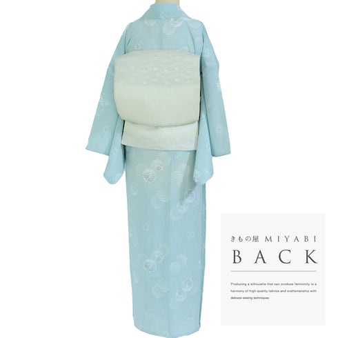 小紋 リサイクル 夏着物 身丈156.3cm 裄65.2cm 夏物 雪輪模様 秋草柄 薄物 ブルー Mサイズ お洒落 ポリエステル 洗える着物 広衿 Sランク