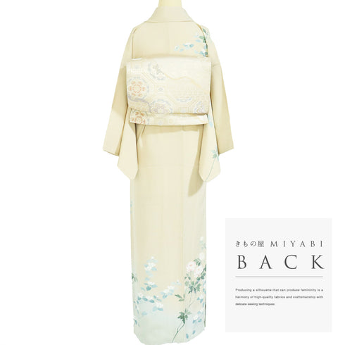 訪問着 リサイクル 身丈156cm 裄62.6cm 袷 手描き友禅花模様 ベージュ Mサイズ フォーマル セミフォーマル 正絹 広衿 Aランク